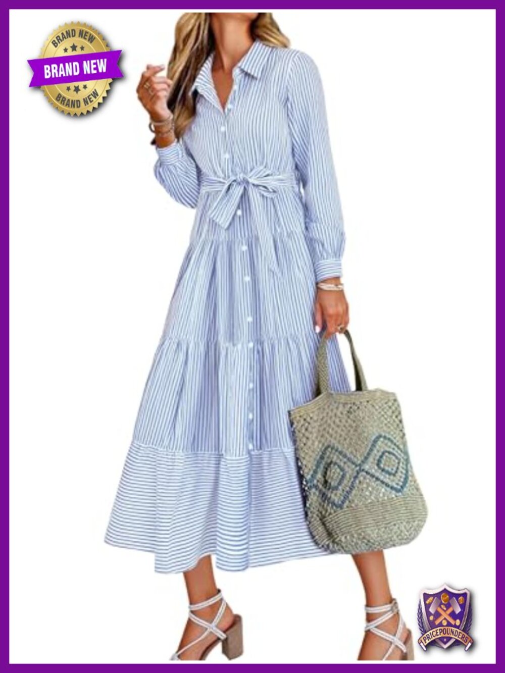 Caracilia Long Sleeve Button Up Tie Waist A-Line Maxi Shirt Dress